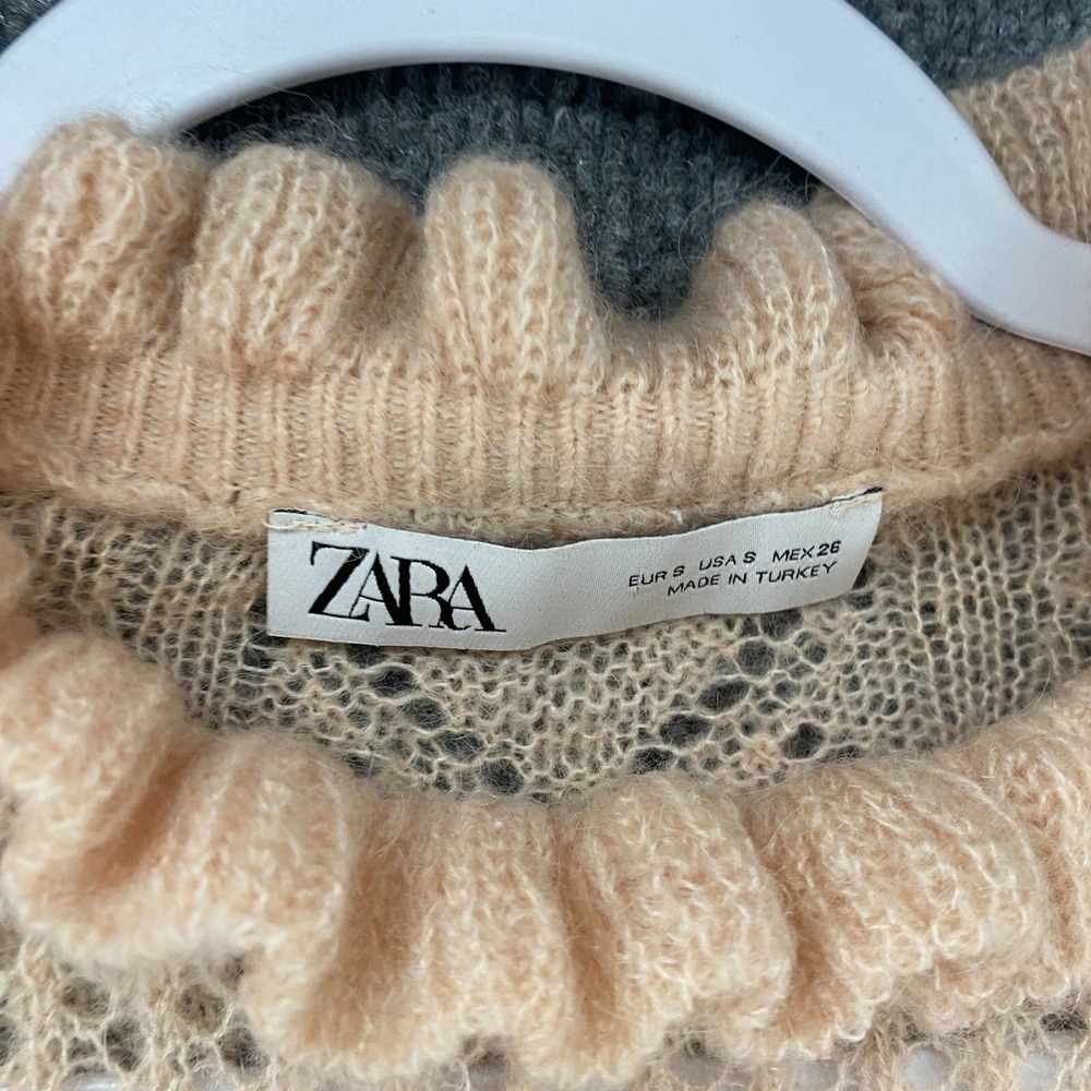 ZARA Sweater Womens S Beige Ruffle Neck Lightweight Victorian Feminine Cottage - Picture 5 of 8
